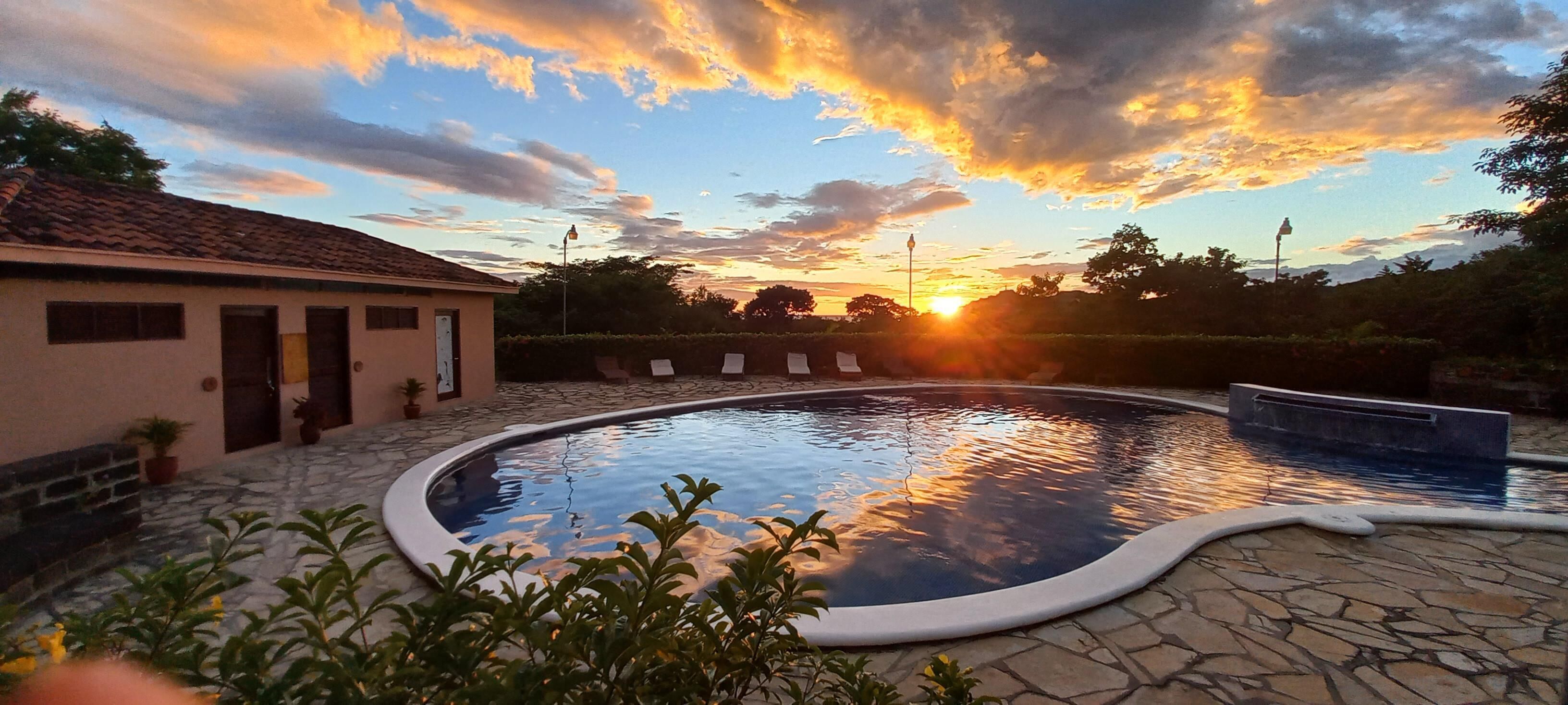 Alberca al aire libre, sombrillas en la alberca y camastros 