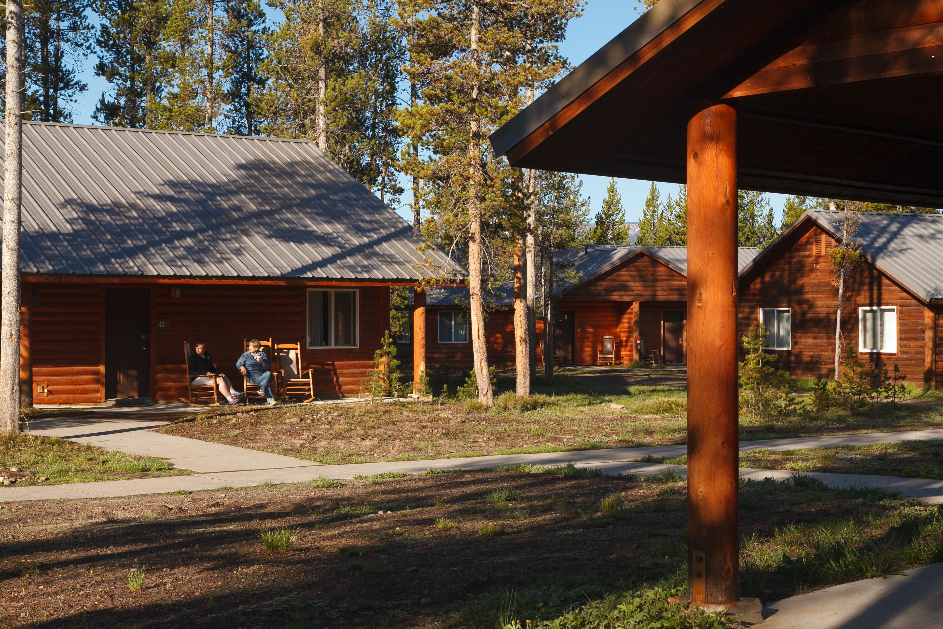 A log cabin-style building with a metal roof, surrounded by trees.