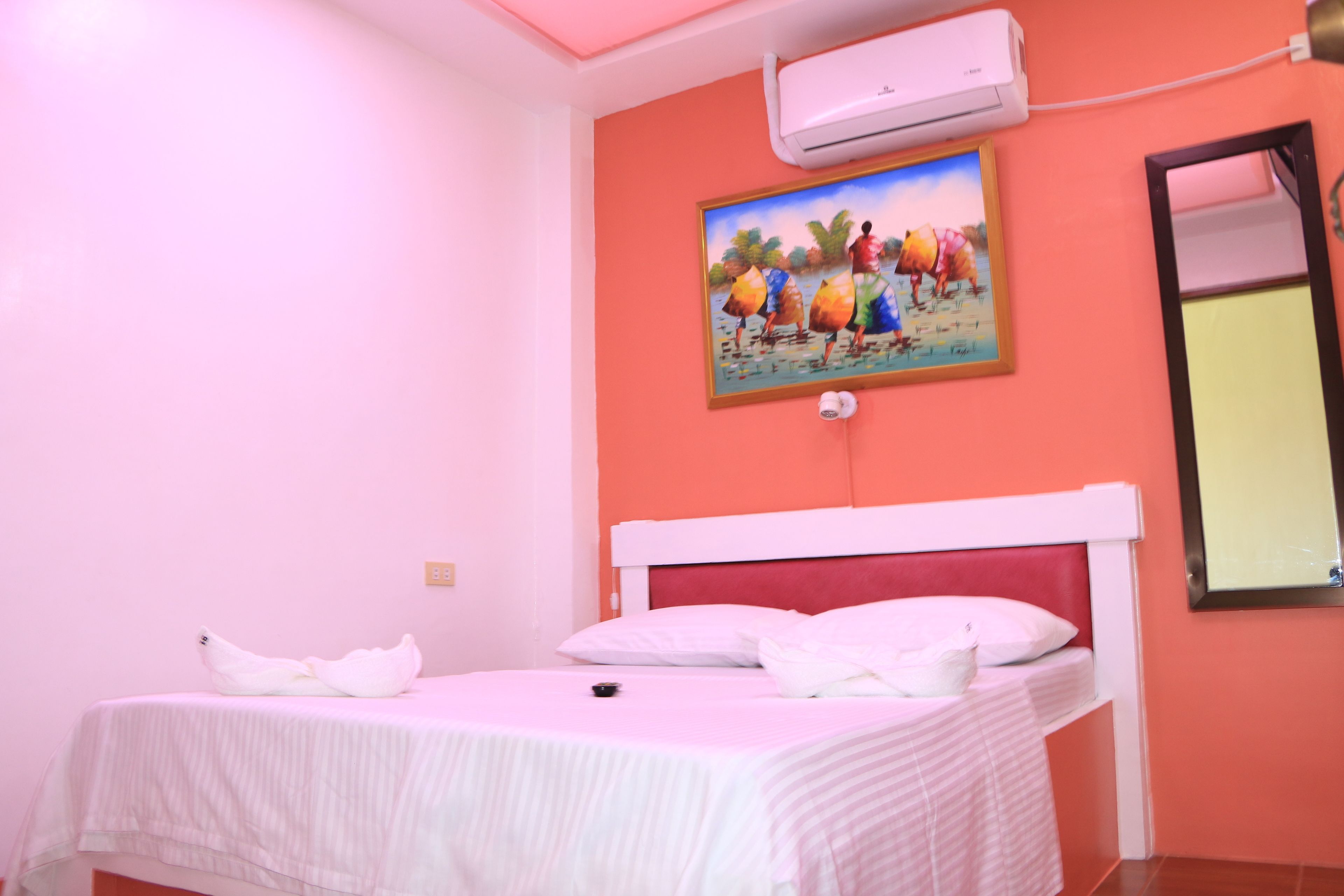 Una stanza con un letto, un condizionatore, un quadro e uno specchio.