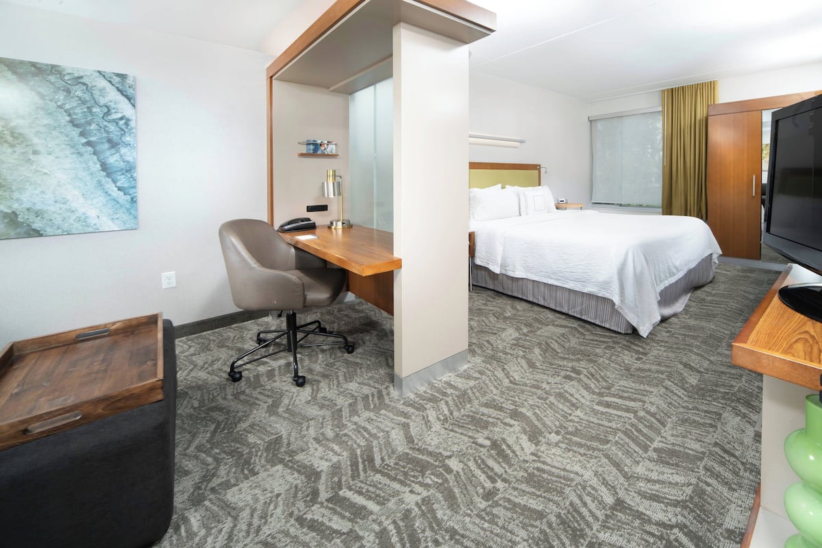 A hotel room with a bed, a desk with a chair, a television, and a large window.