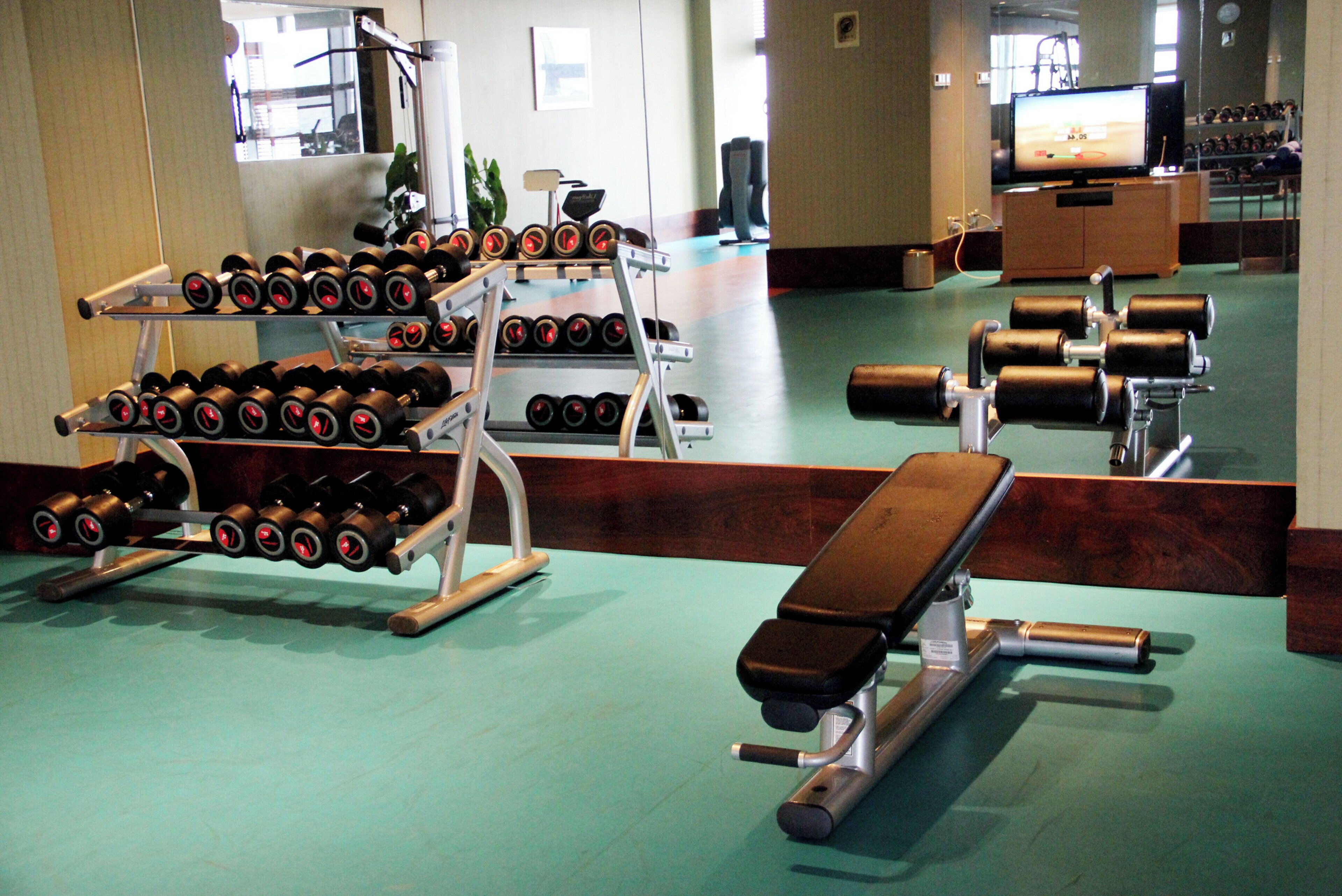 A gym with various exercise equipment including dumbbells, a bench, and a treadmill.