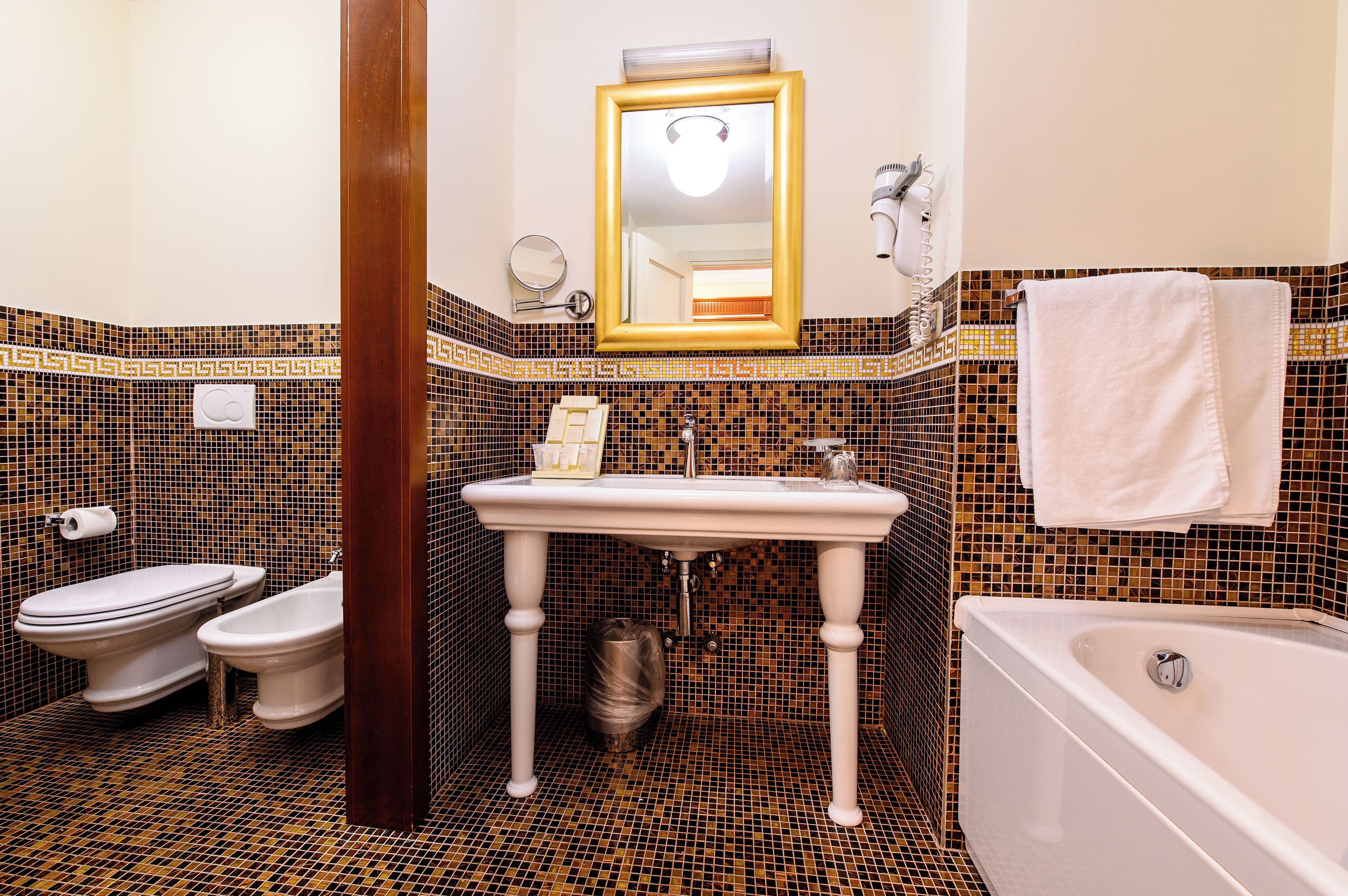 hair dryer, dressing gowns, slippers, bidet