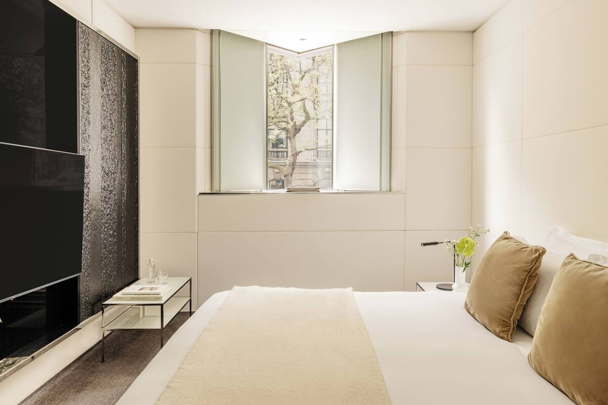 A modern bedroom with a large bed, a flat-screen TV, a small bedside table, and a window with a view of a tree.