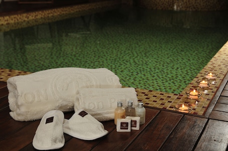 Indoor pool, pool umbrellas, lifeguards on site