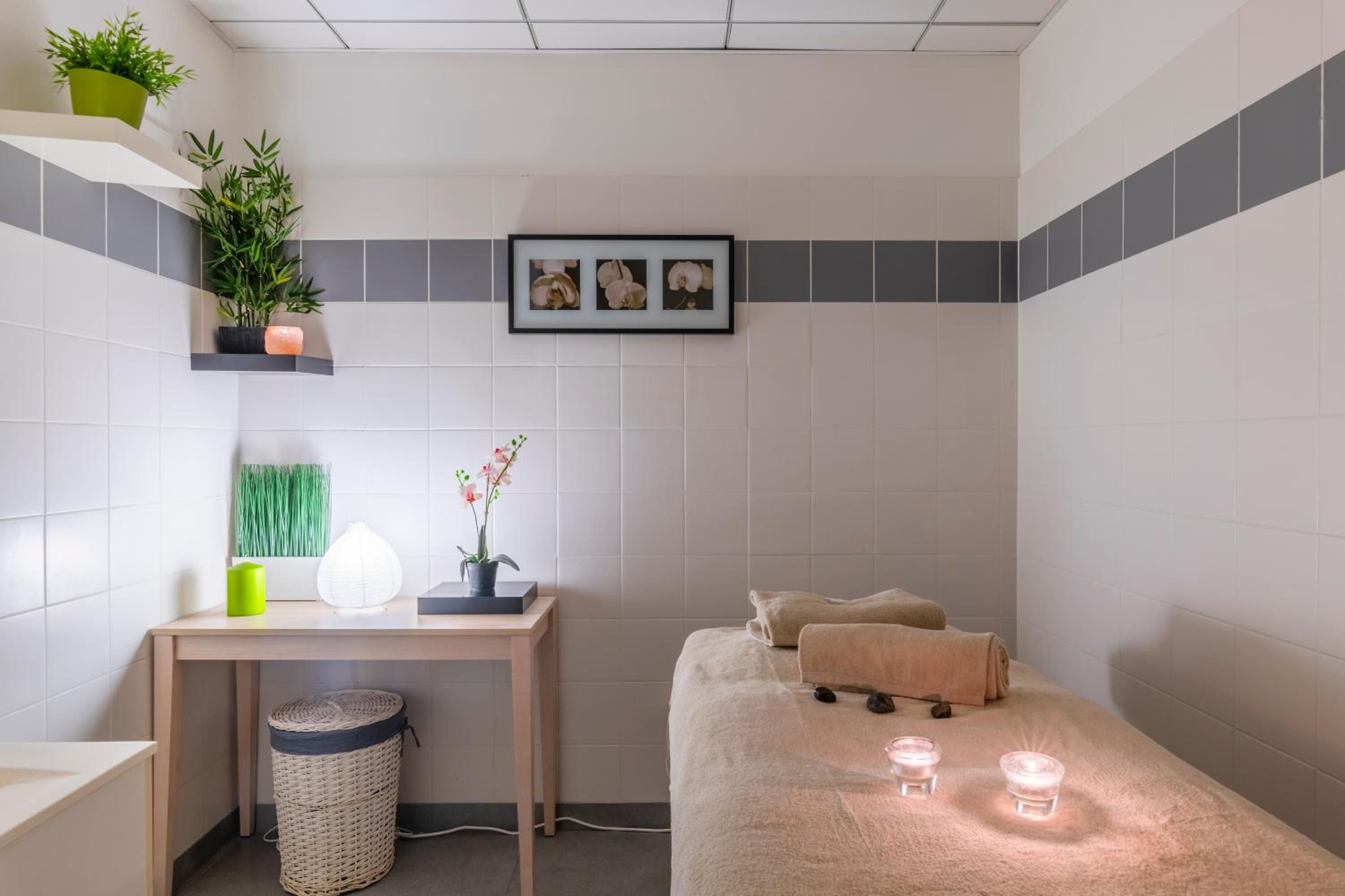 Une pièce comprenant un lit, un bureau, une poubelle et une étagère fixée au mur, ornée de plantes.