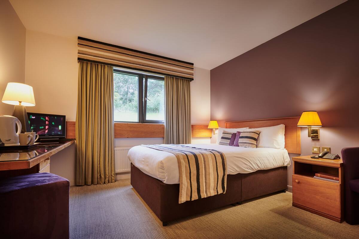 Una habitación de hotel con una cama, lámparas de noche, un escritorio con lámpara, una silla y un televisor.