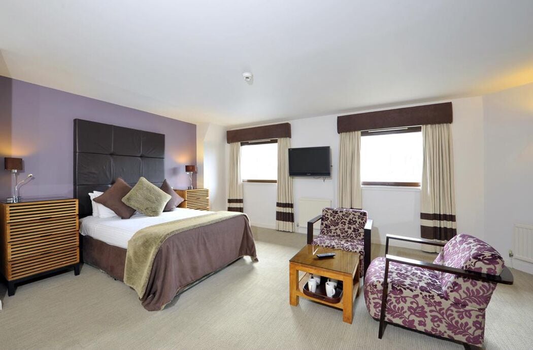 premium bedding, desk, laptop workspace, iron/ironing board