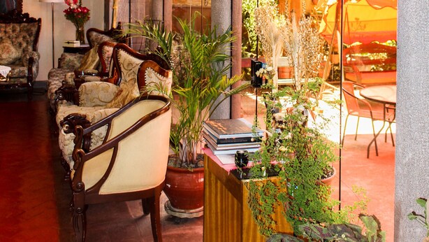 A spacious lobby with a classic design, featuring a grand chandelier, ornate chairs, and a variety of potted plants. - Fuente de Agua Cusco Hotel (Cusco)