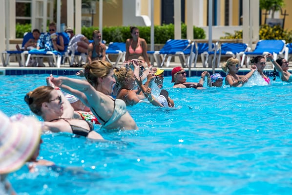 3 outdoor pools, open 9 AM to 6 PM, pool umbrellas, pool loungers