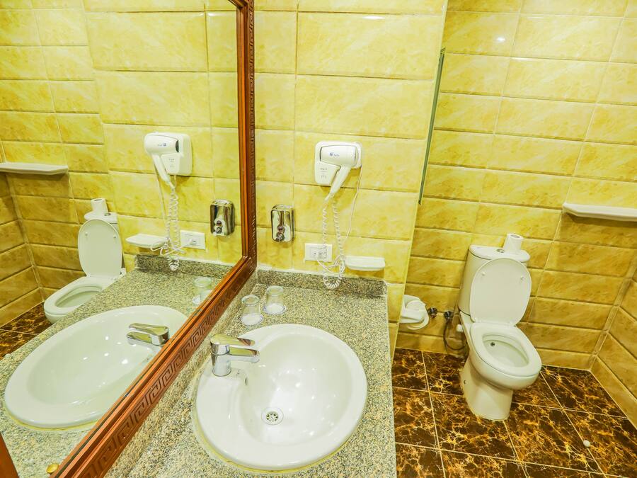 Un baño con dos lavamanos, un espejo y un inodoro.
