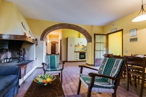 Apartamento Confort | Zona de estar | Televisión de 21 pulgadas con canales digitales, una chimenea