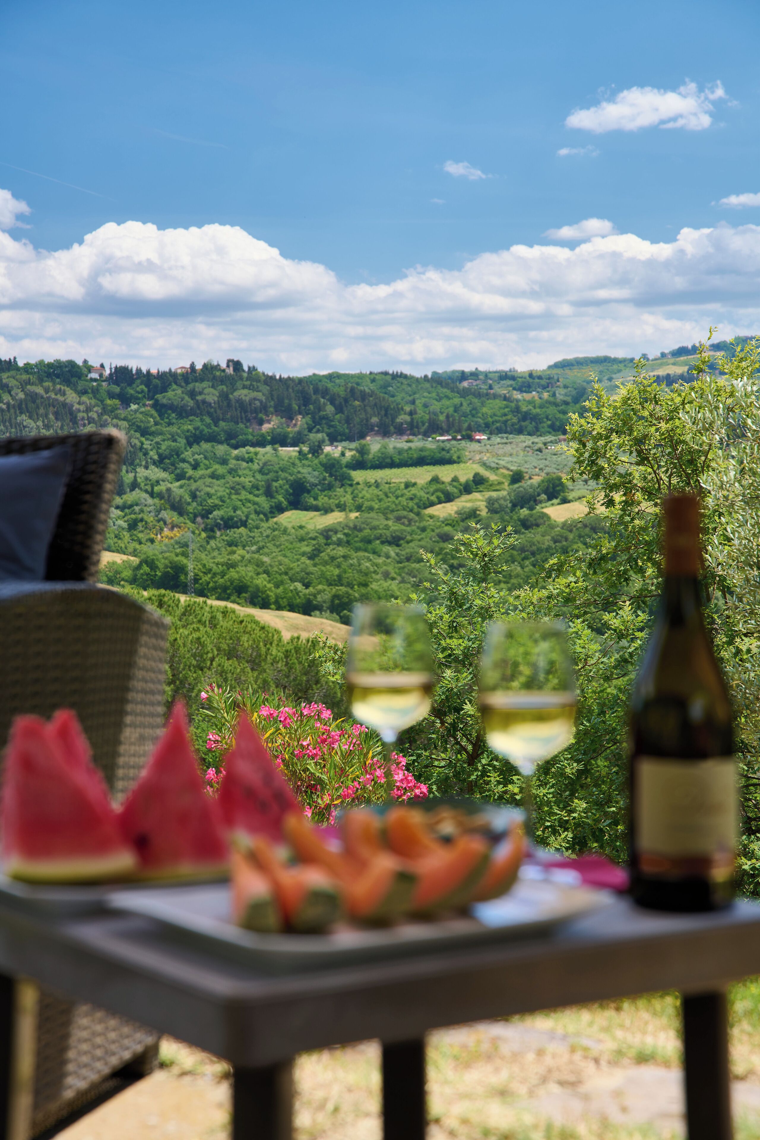 A table with a bottle of wine, glasses, and a plate of food, overlooking a scenic landscape.