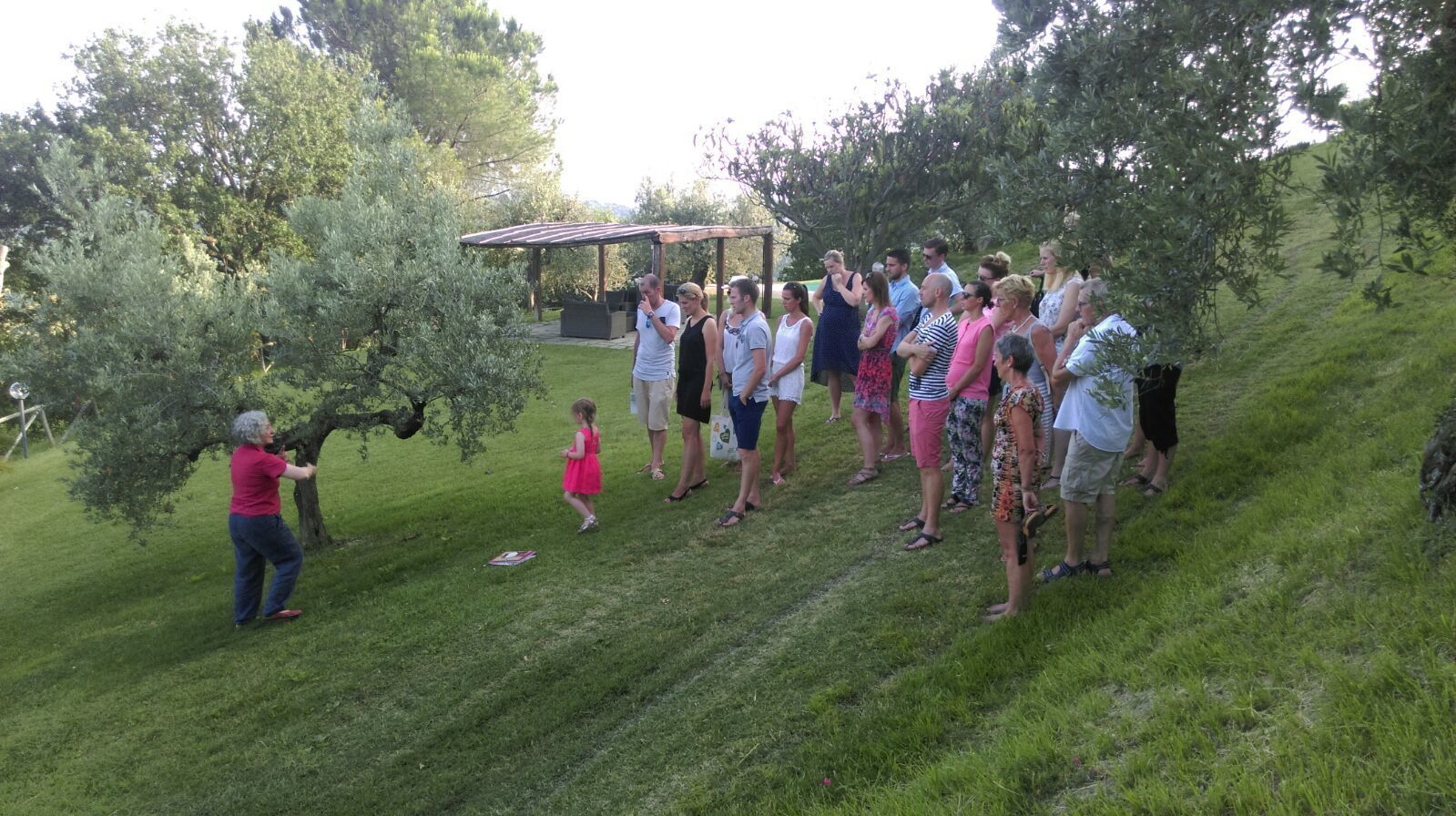 A group of people standing on a grassy slope with a gazebo in the background.