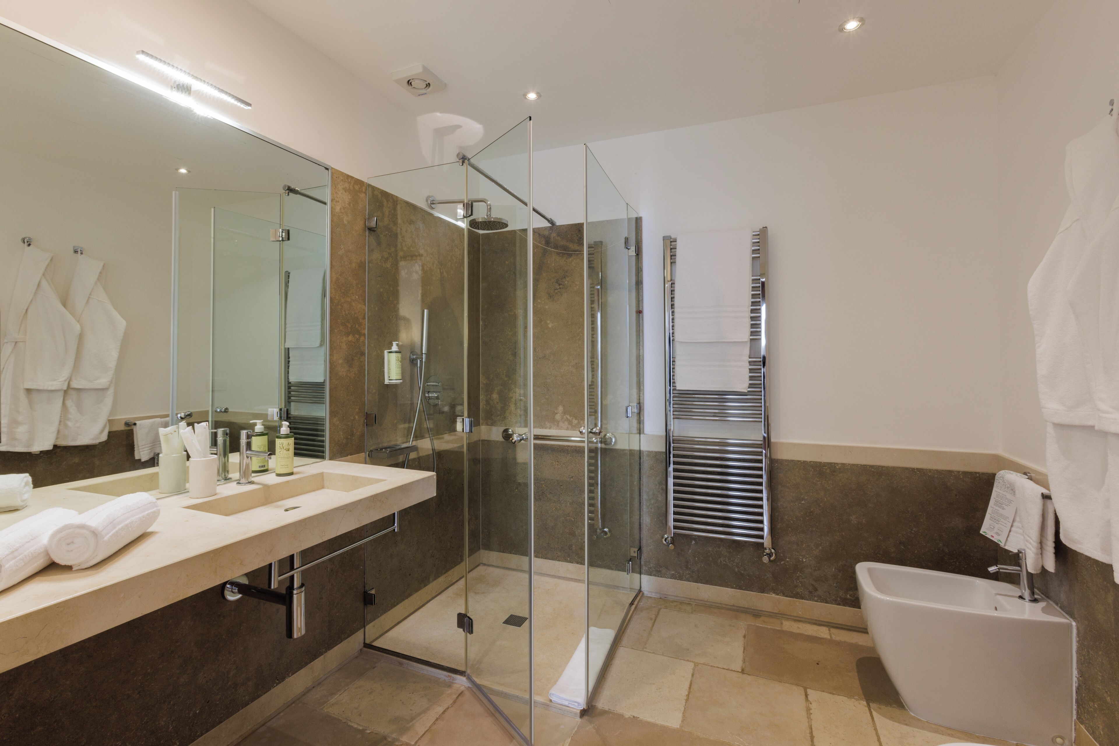 deluxe room | bathroom | shower, rainfall showerhead, free toiletries, hair dryer