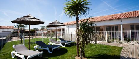 A poolside area with lounge chairs, umbrellas, and a palm tree.