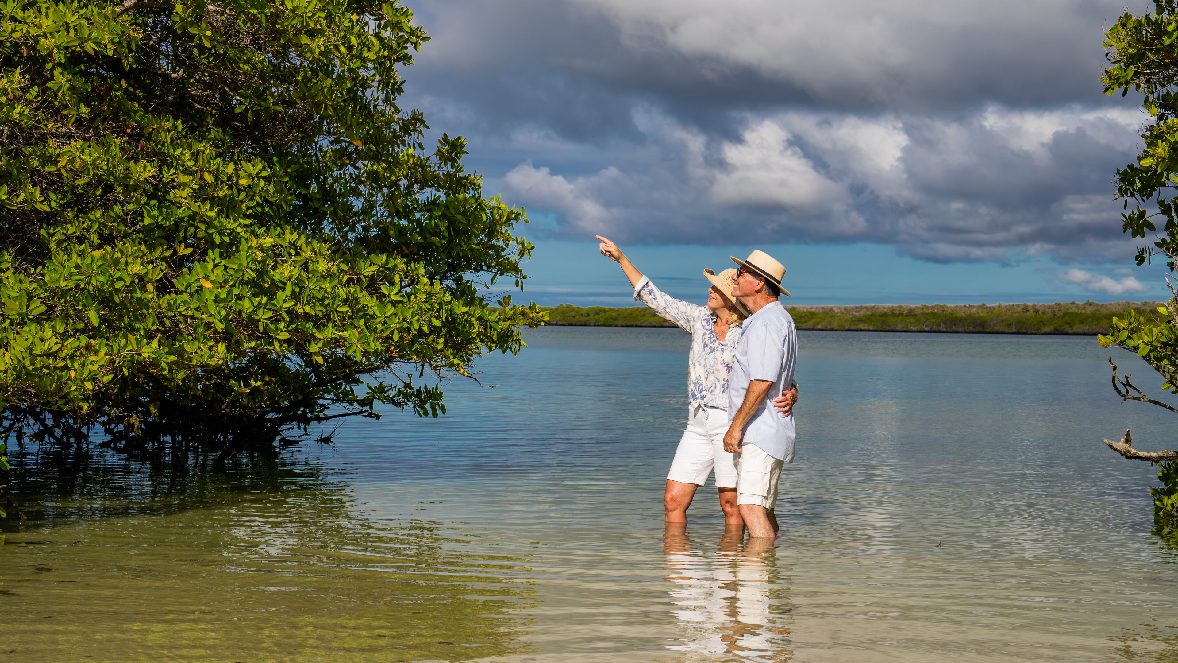 A couple standing in shallow water with a tree on the left and a cloudy sky in the background.