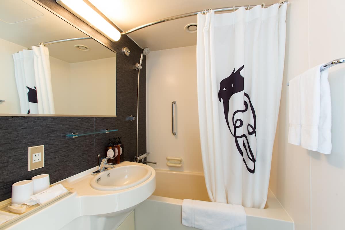 hydromassage showerhead, free toiletries, hair dryer, slippers