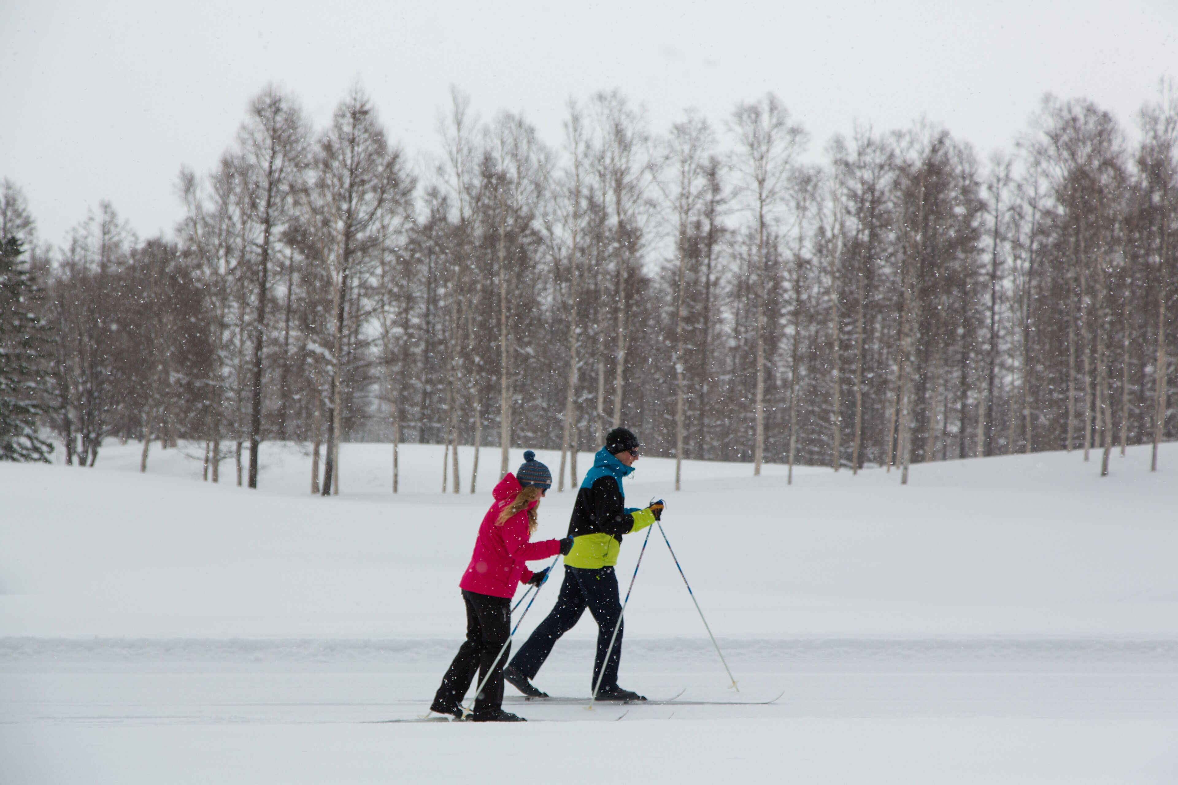Two people cross-country skiing on a snowy path with trees in the background.