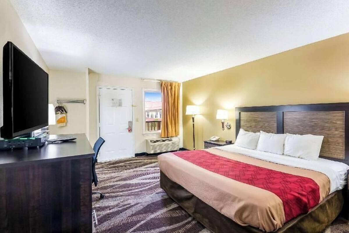 A hotel room with a bed, desk, TV, and lamp.