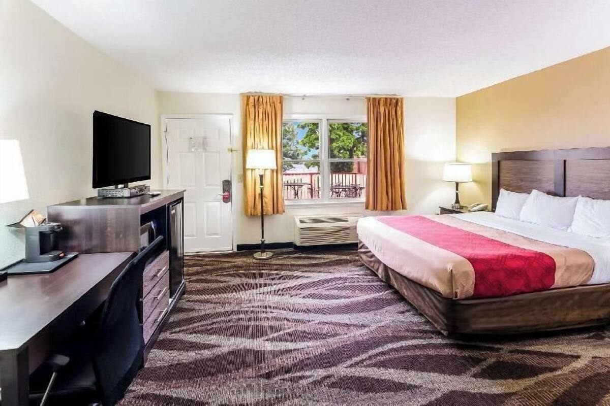 A hotel room with a bed, a desk with a TV, a window with curtains, and a view of the outdoors.