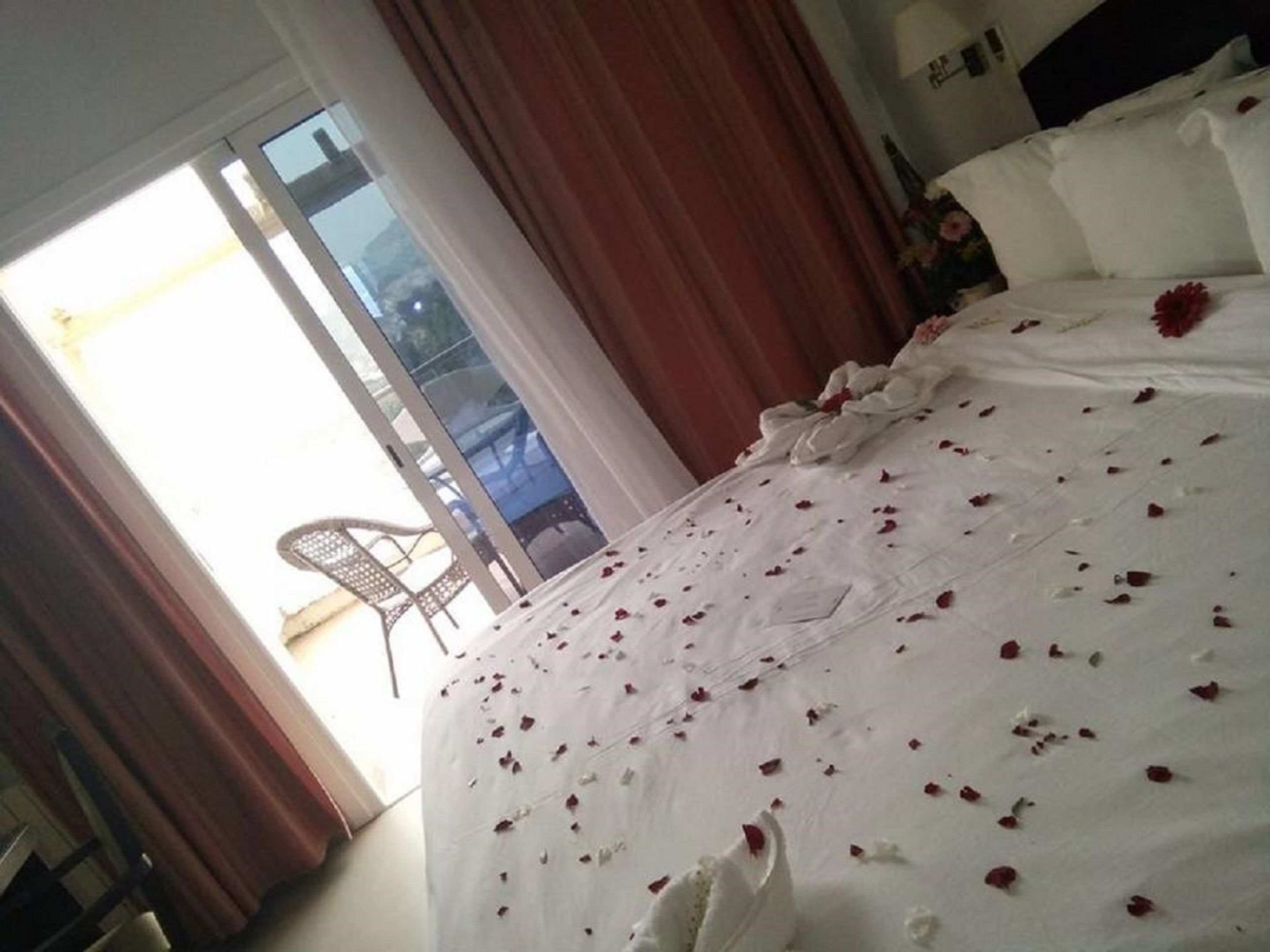 Habitación de hotel con una cama cubierta de pétalos de rosa, una silla junto a la ventana y vistas al exterior.