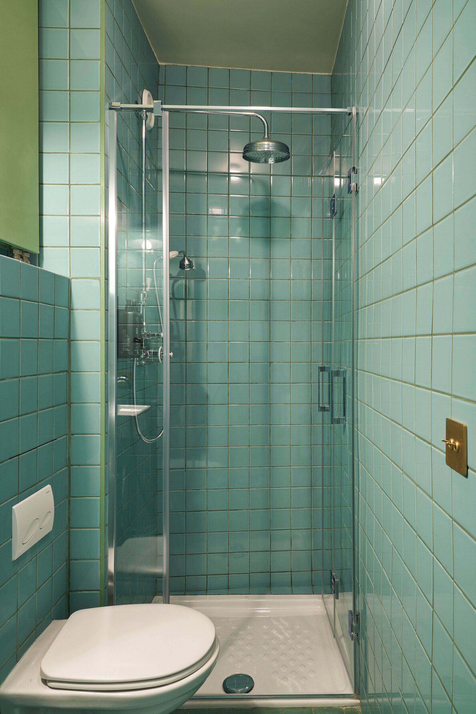 Ein Badezimmer mit Duschkabine, Toilette und Wandseifenspender.