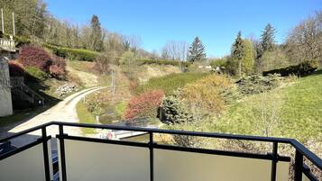 A balcony with a view of a river and surrounding greenery.