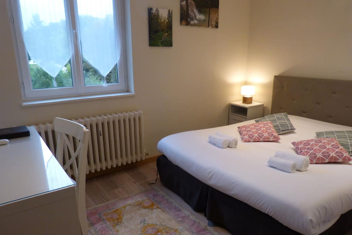 Quarto de hotel com cama, escrivaninha, cadeira, radiador, mesa de cabeceira com abajur e janela com vista para área verde.