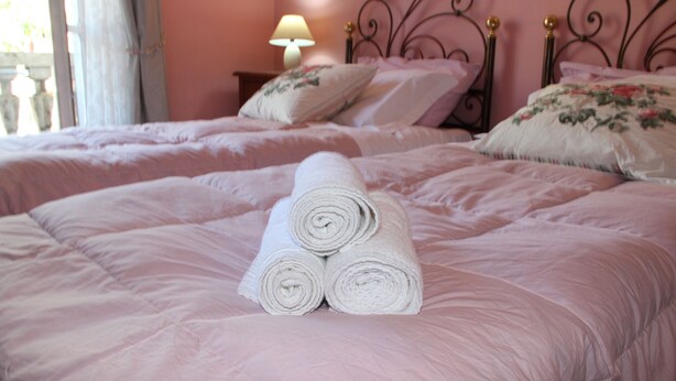 Un dormitorio con dos camas, cada una con ropa de cama rosa y almohadas estampadas. Hay toallas blancas enrolladas en la cama del primer plano.