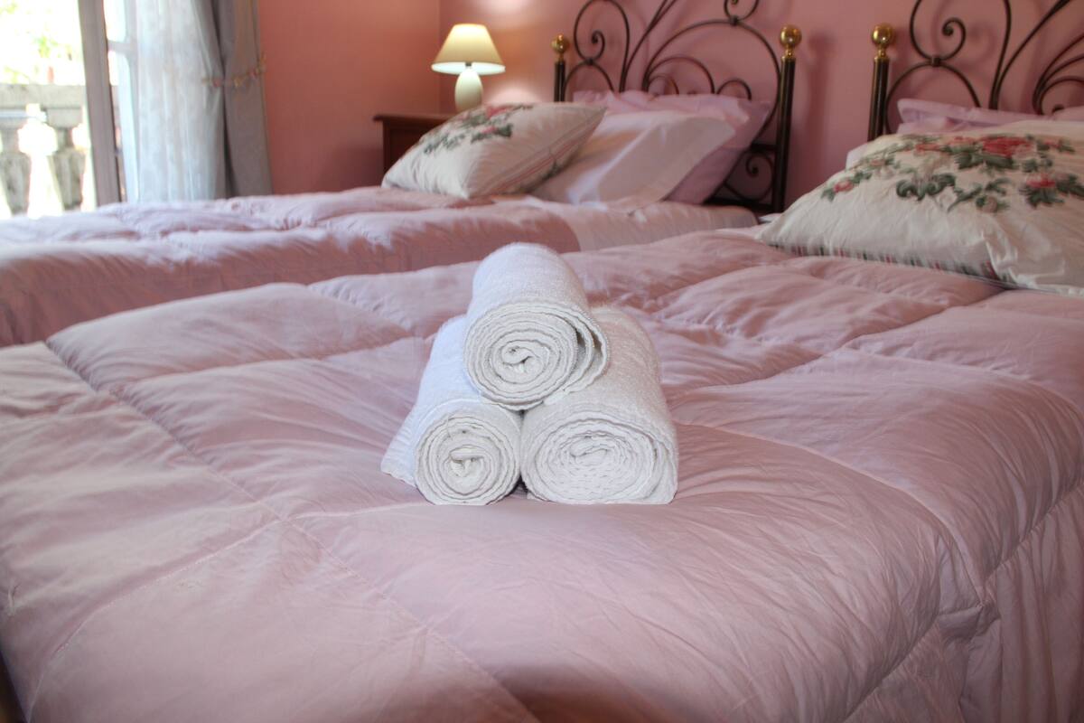A bedroom with two beds, each with pink bedding and floral pillows. There are rolled white towels on the bed in the foreground.