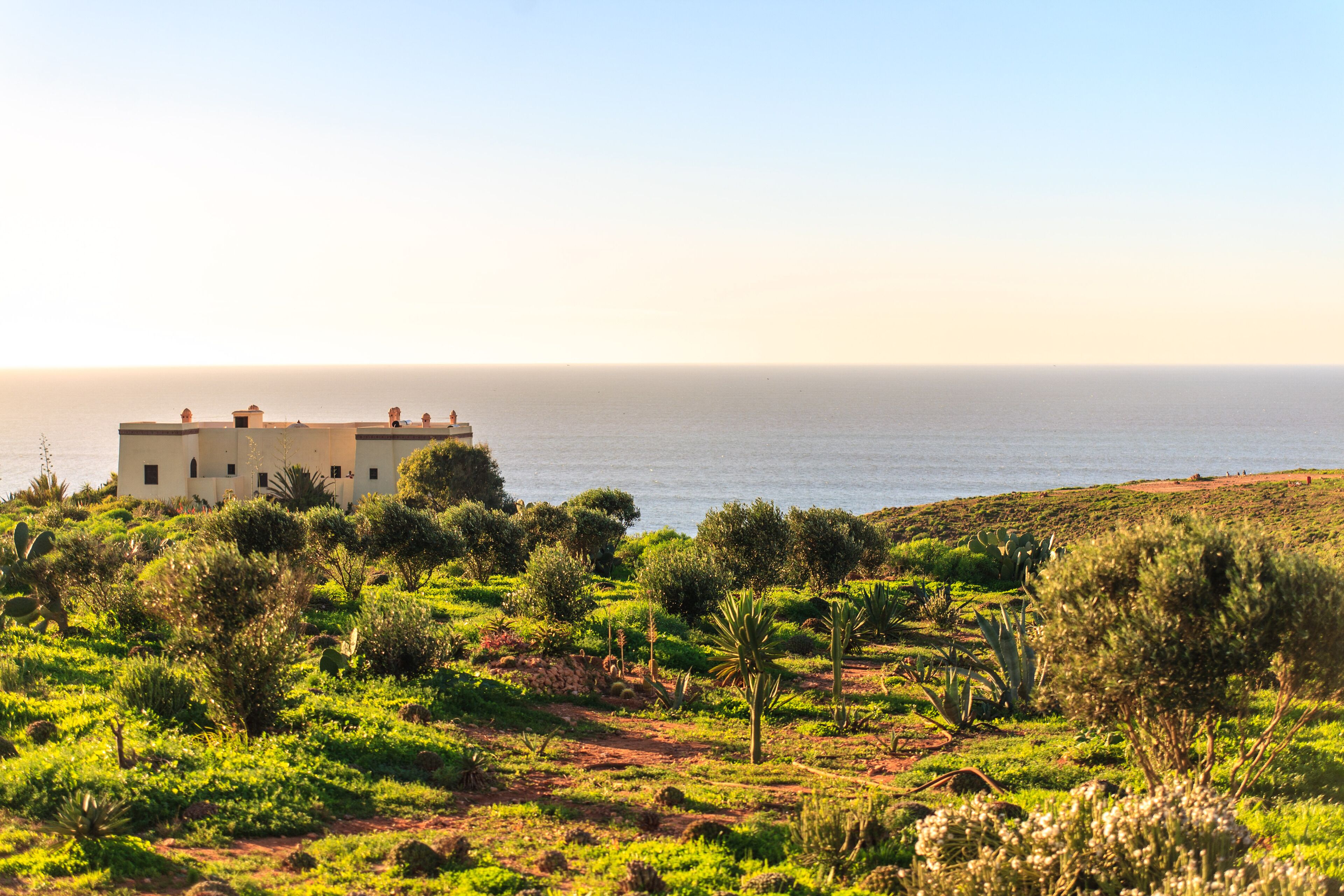 Une propriété située sur la côte, avec un bâtiment blanc entouré d’une végétation luxuriante et offrant une vue sur la mer.
