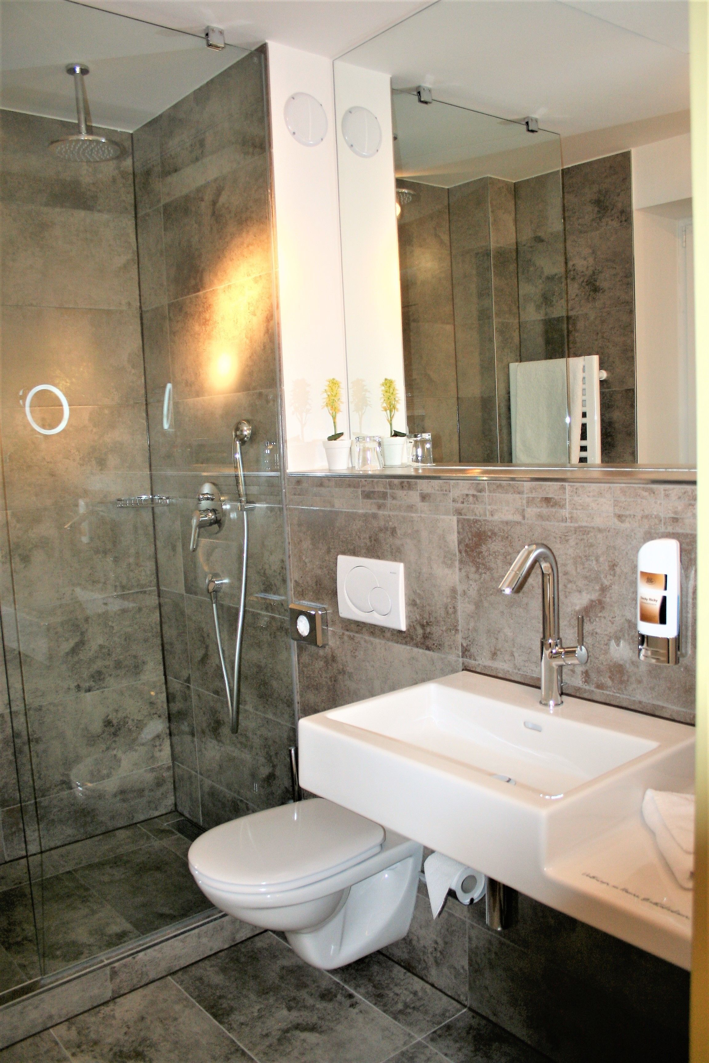 Ein modernes Badezimmer mit einer Glaskabine zur Dusche, einem weißen Waschbecken und einer Toilette.