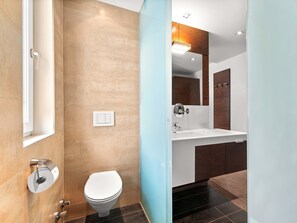 A modern bathroom with a toilet, sink, and mirror.