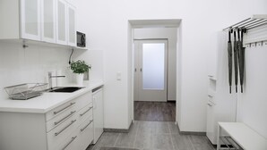 A modern kitchen with white cabinetry, a sink, and a countertop. There is a plant on the counter and a drying rack on the wall. - Old Vienna Apartments (Vienna)