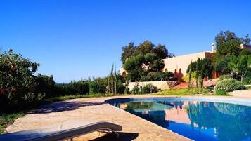 Outdoor pool, pool umbrellas, pool loungers