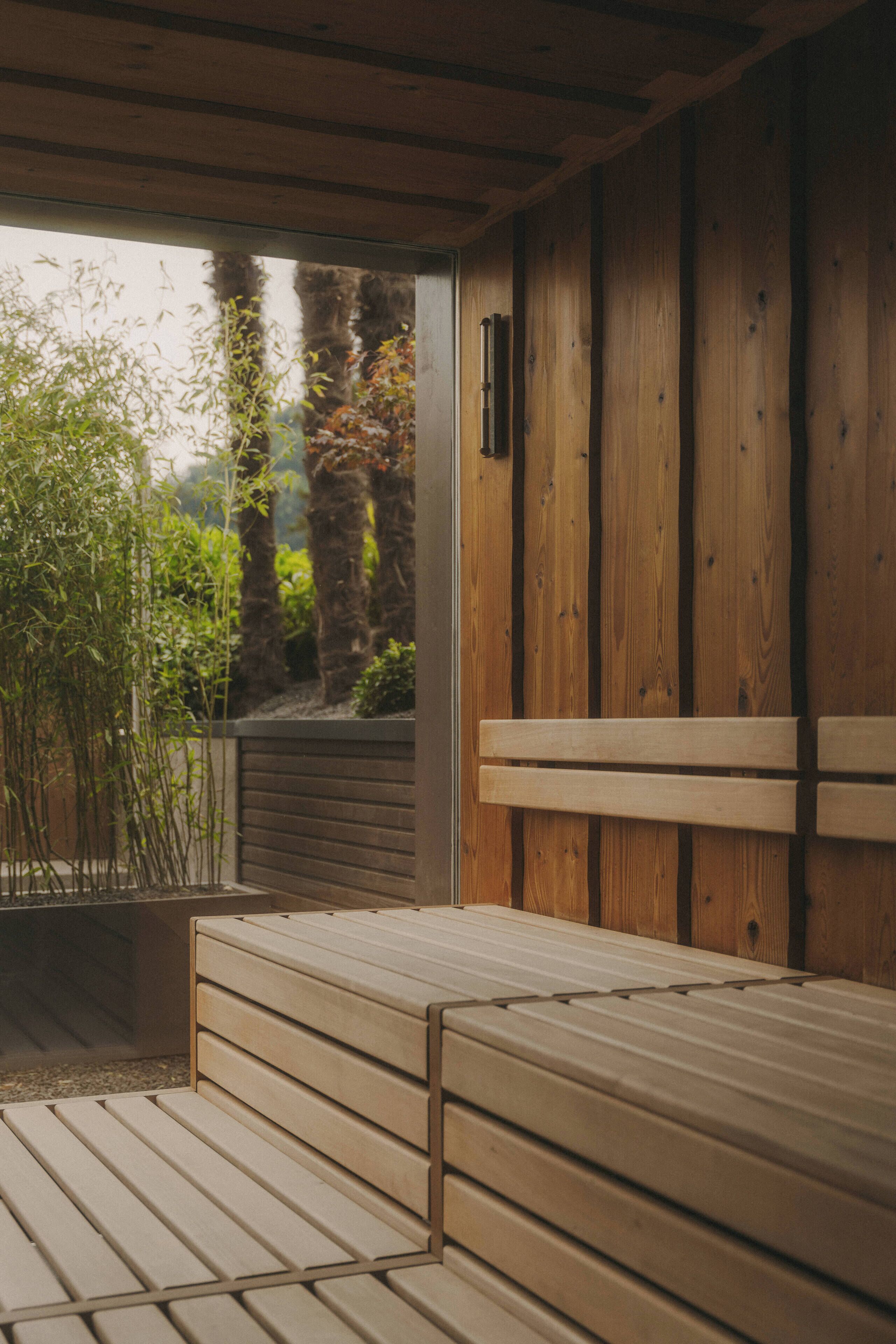 A wooden bench with a view of bamboo and trees outside.