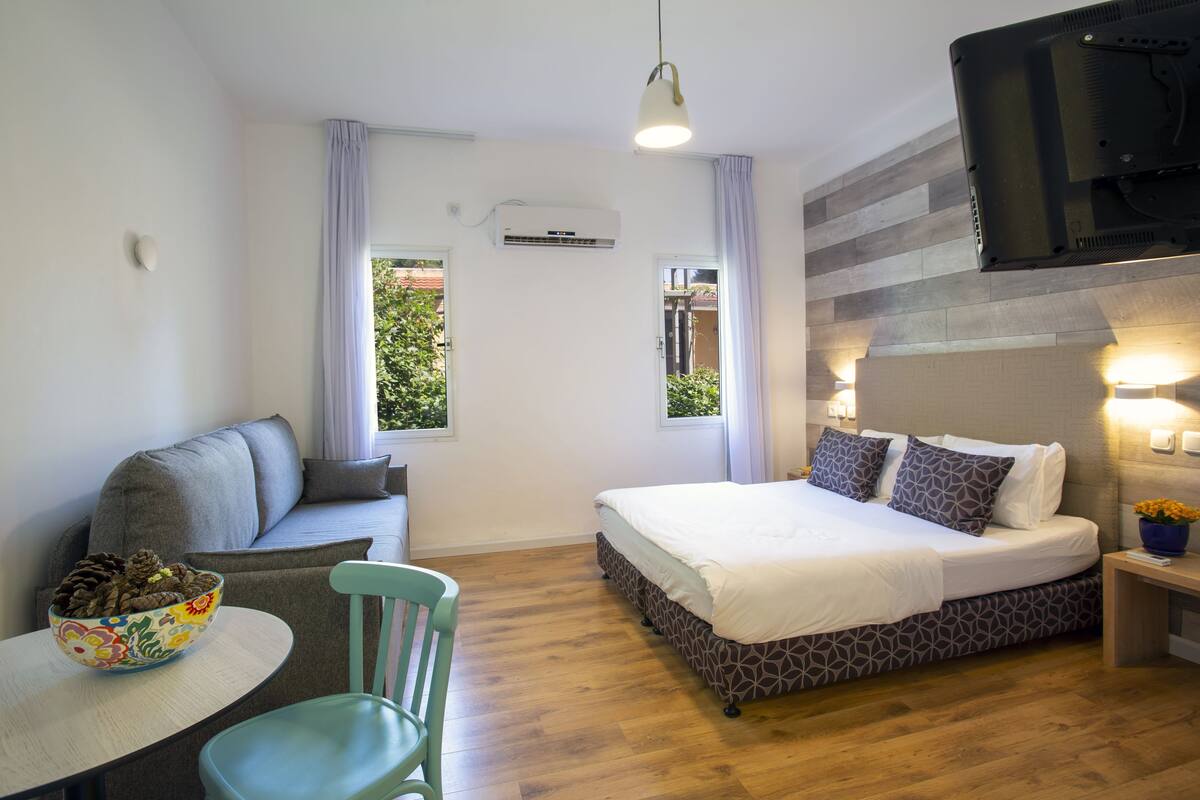 Une chambre à coucher avec un lit, un canapé, une chaise, une table et un téléviseur.