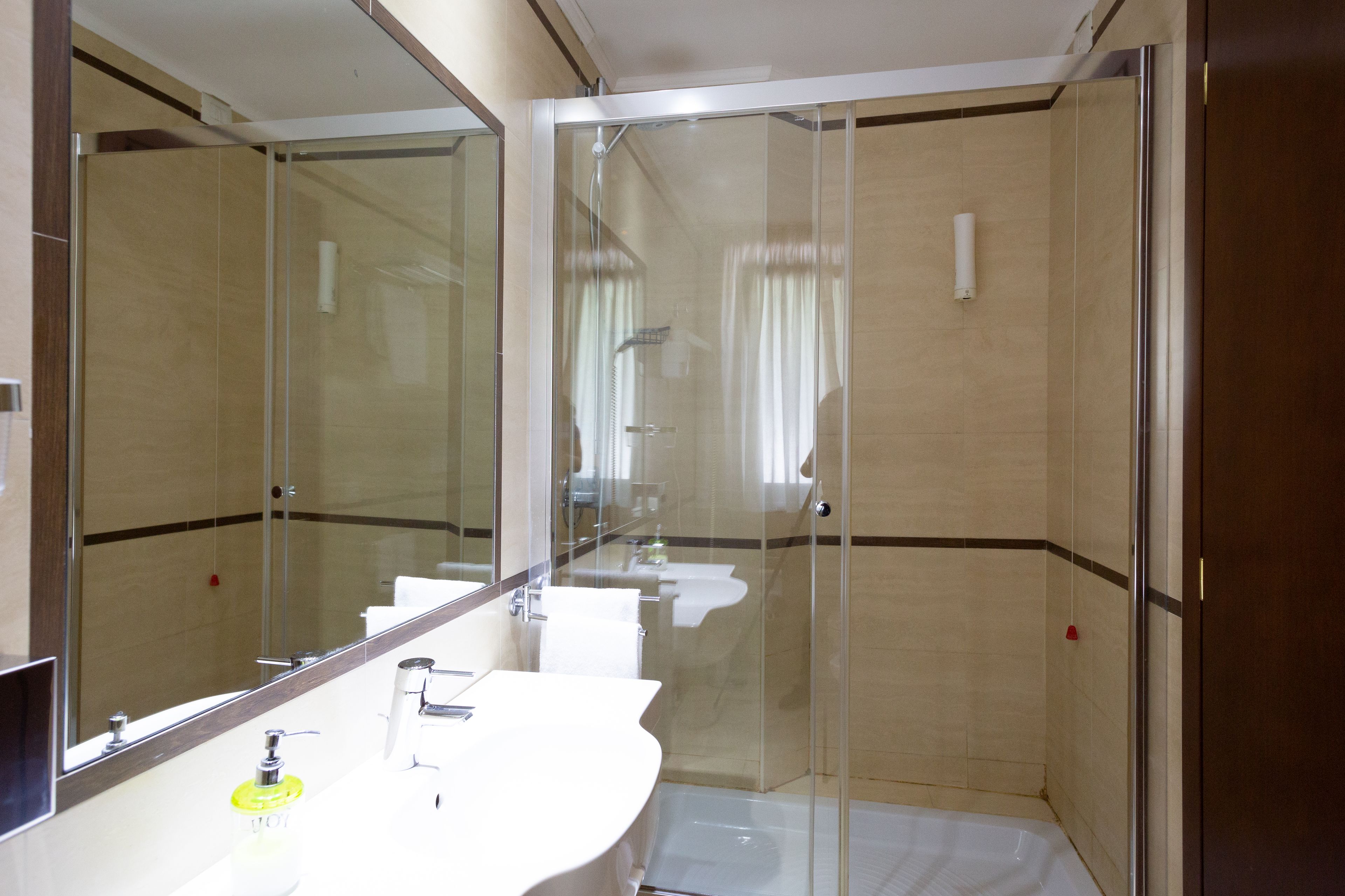 A modern bathroom with a glass-enclosed shower, a white sink, and a large mirror.