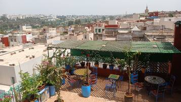 A rooftop terrace with potted plants, outdoor furniture, and a view of the cityscape.