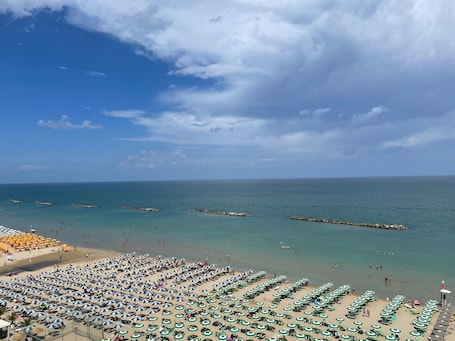 A beach with rows of umbrellas and sun loungers, a clear sky, and calm sea.