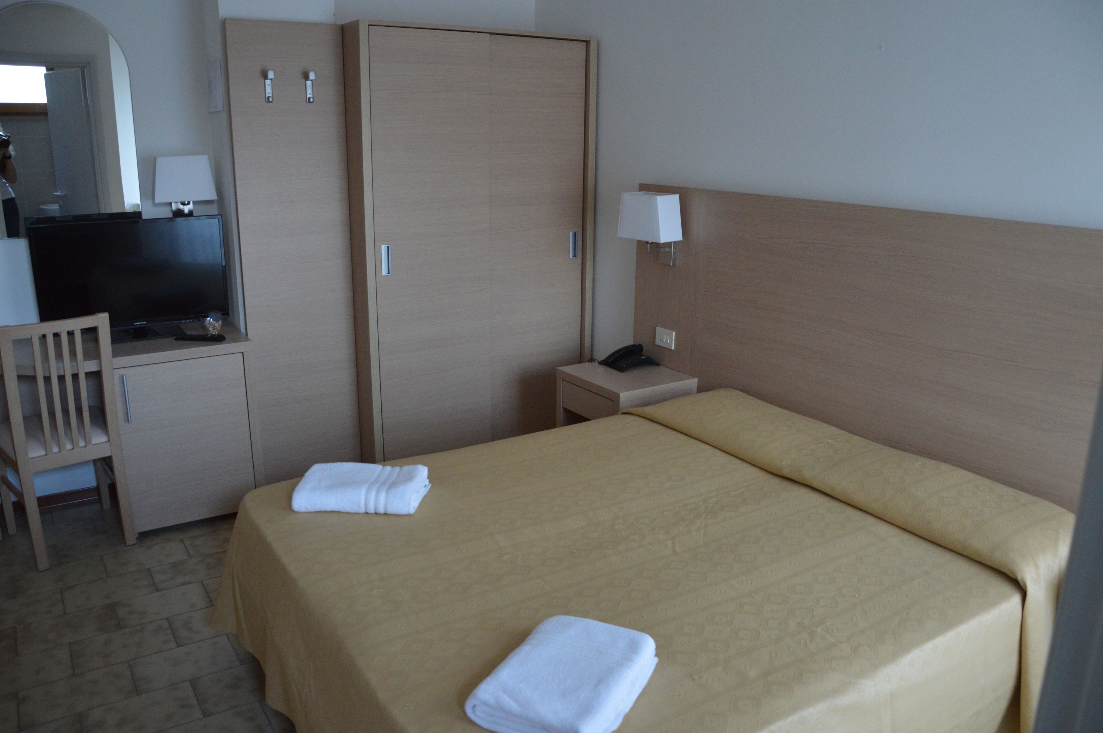 Een hotelkamer met een bed, een bureau, een televisie, een kledingkast en een nachtkastje met een lamp.