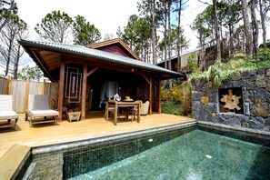 A wooden cabin with a pool, surrounded by trees. - Lakaz Chamarel Exclusive Lodge (Chamarel)