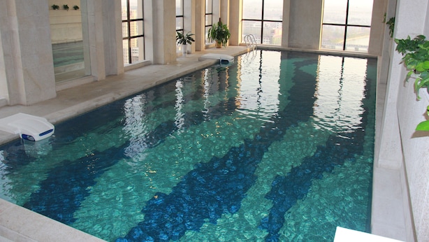 Una piscina interior con agua cristalina, ventanas amplias y plantas en macetas.