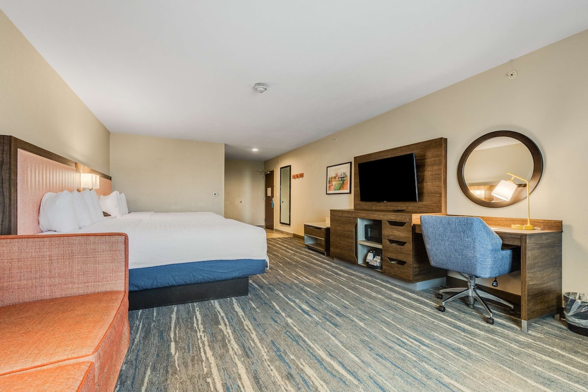 Habitación de hotel con cama, escritorio, silla, televisor y espejo.