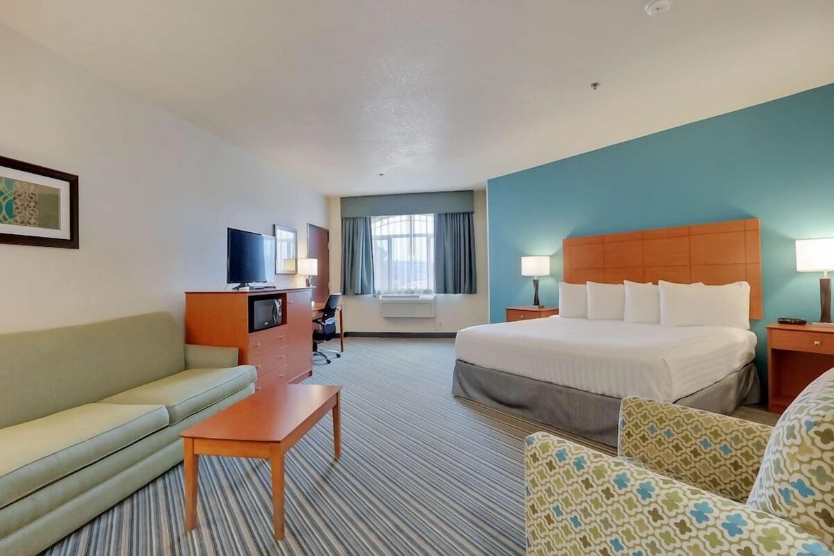 Une chambre d’hôtel avec un lit, un canapé, un bureau, une télévision et une fenêtre avec des rideaux.