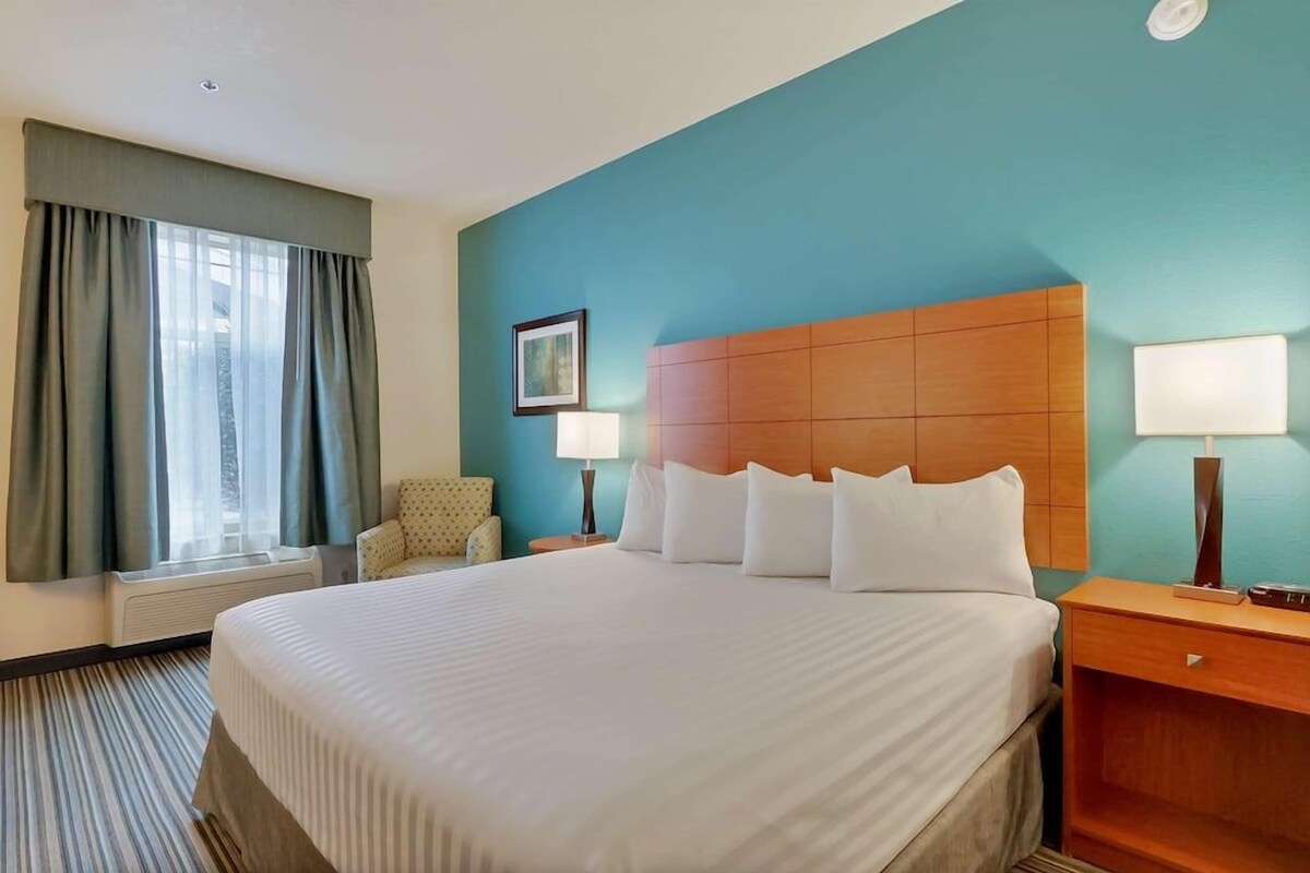 Une chambre d’hôtel avec un grand lit, une chaise, une table de chevet et une fenêtre avec des rideaux.