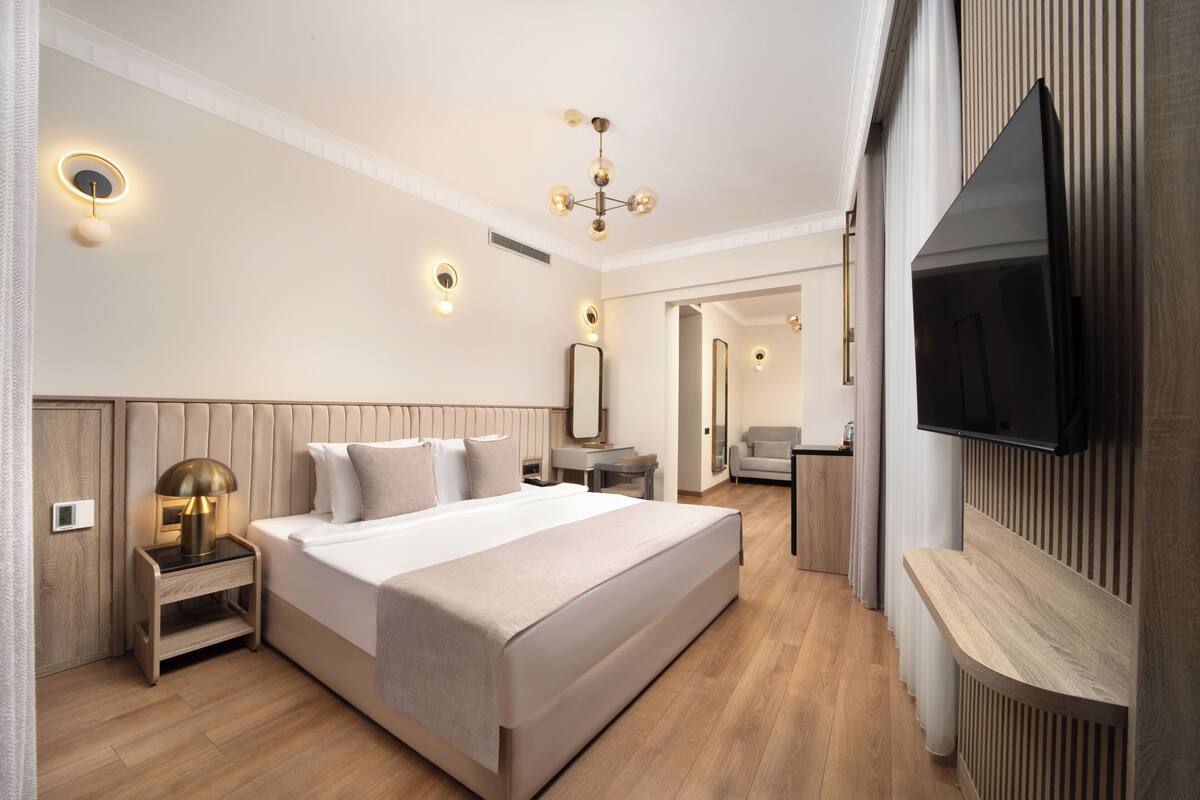 A modern hotel room with a large bed, bedside tables, a flat-screen TV, and a ceiling light fixture.