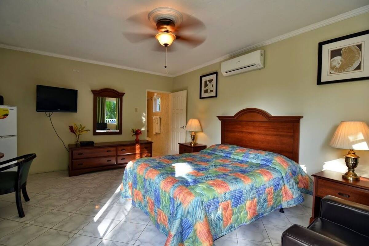 Een hotelkamer met een bed, een bureau, een stoel, een televisie, een plafondventilator en een raam.
