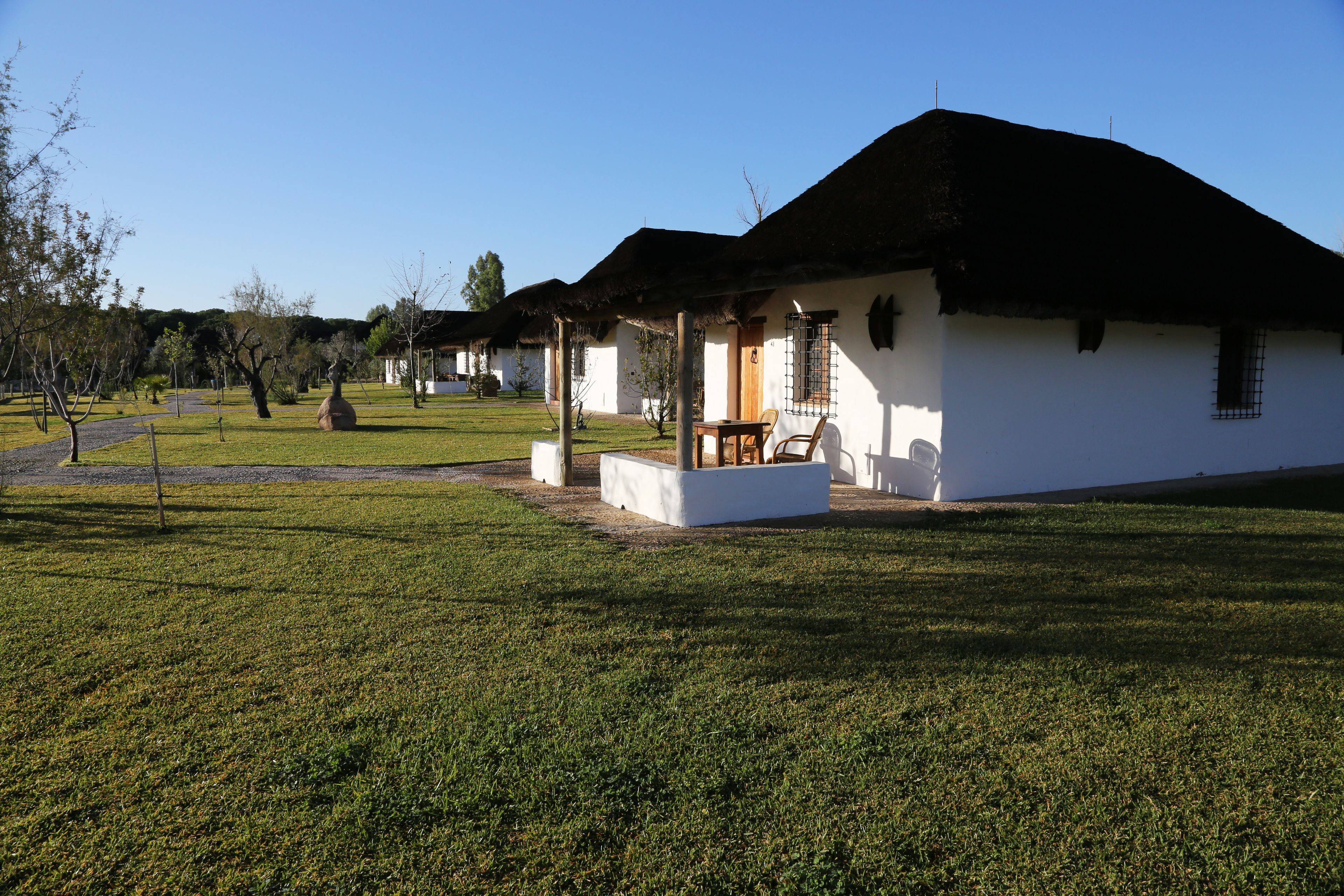 A traditional white building with a thatched roof, a porch with chairs, and a well-maintained lawn.