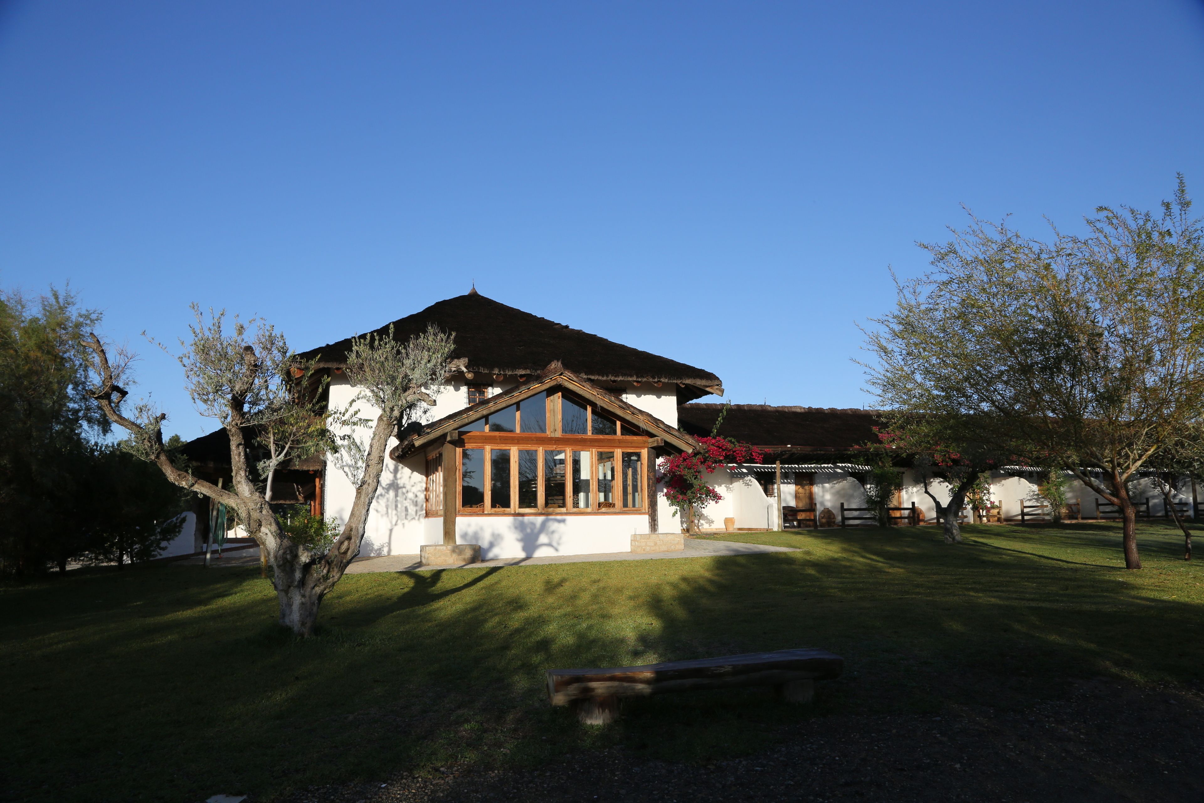 Une maison avec une grande fenêtre, une terrasse en bois et une pelouse.